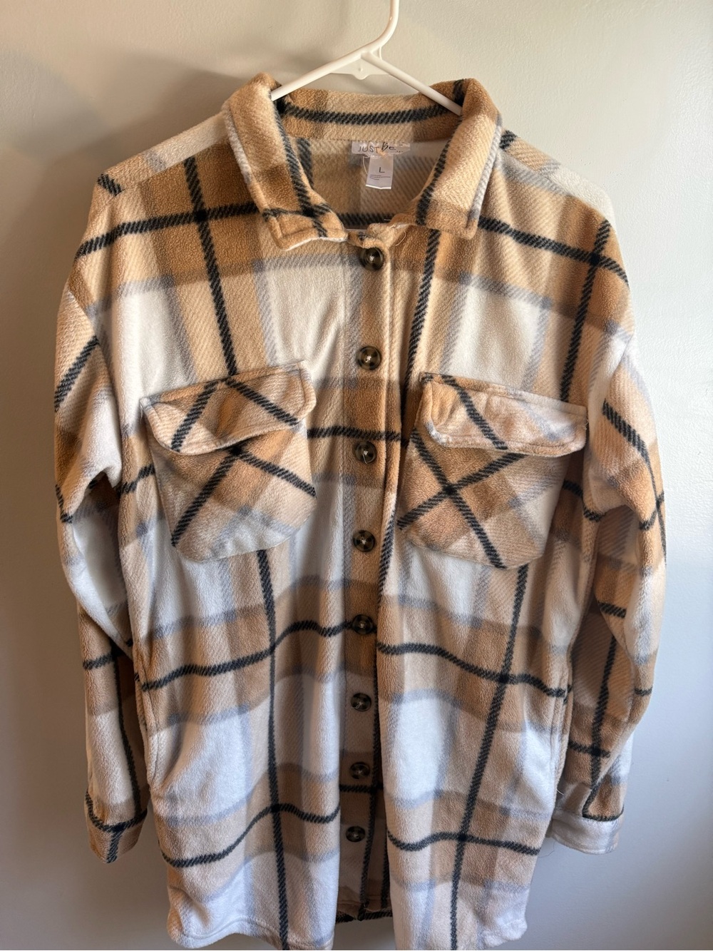just be Plaid Button-Up Shacket in Beige and Black